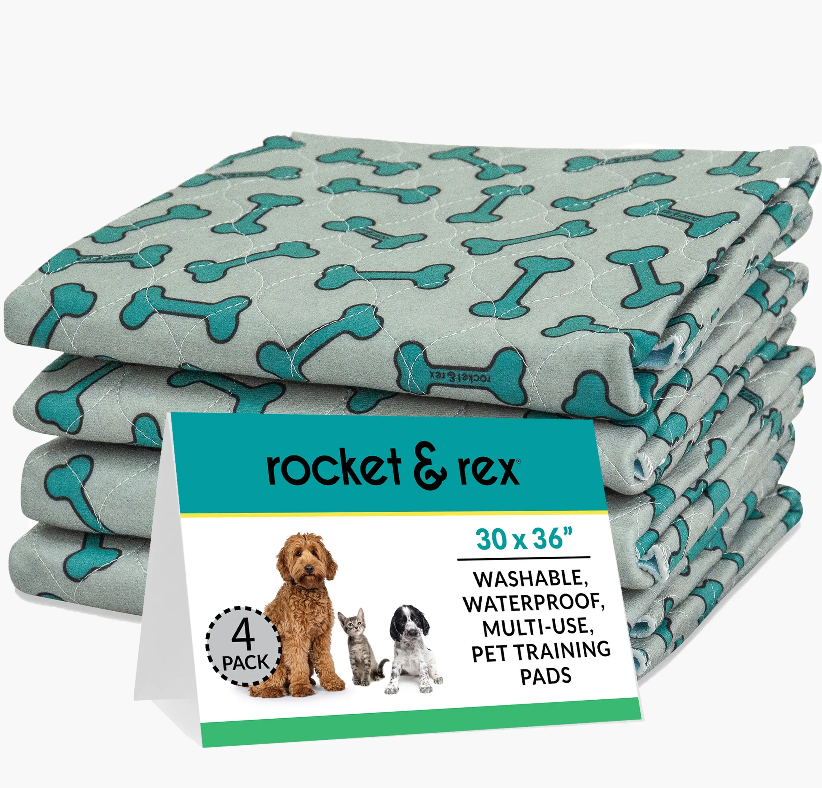 rocket & rex Washable Pee Pads for Dogs | Waterproof. Reusable. Absorbent. Leak-Proof | 4-Pack. 30 x 36 (L)