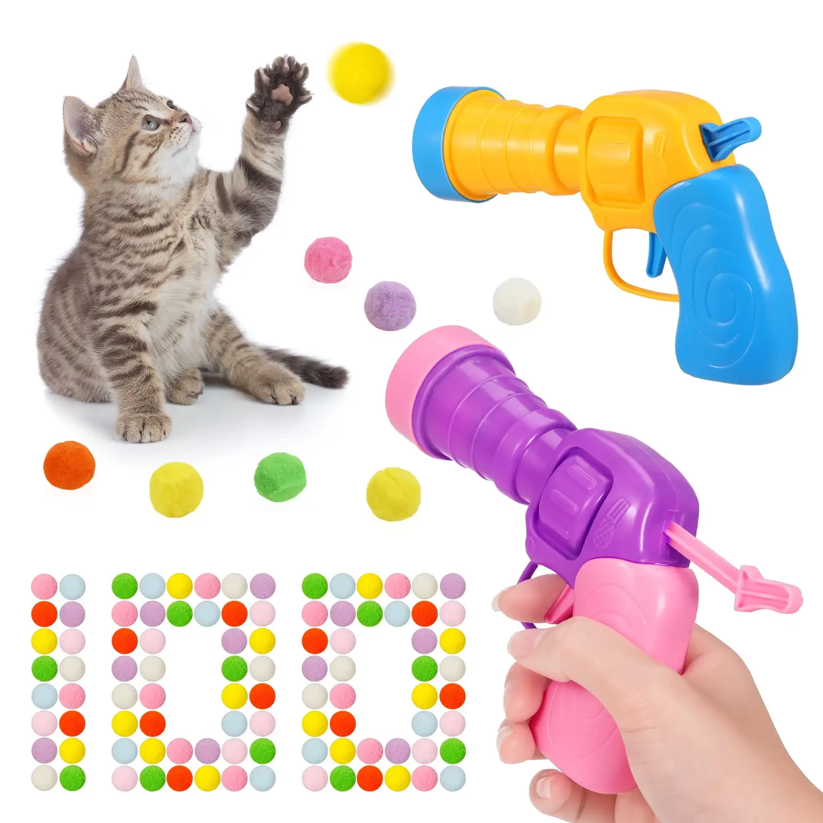 sixwipe 2 Pack Cat Toy Plush Ball Launcher Gun. Plush Ball Shooting Gun for Cats with 100 Pcs Pom Pom Ball for Indoor Cats