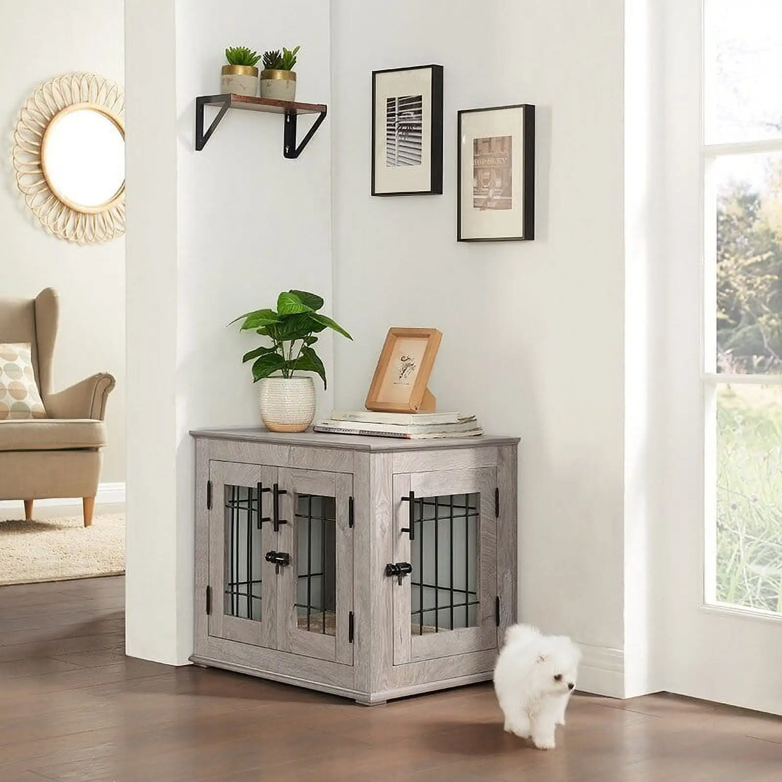 unipaws Pet Crate End Table. Double Doors Dog Kennel with Pet Bed Weathered Grey Small(23.5''W x 18.3''D x 20.6''H)