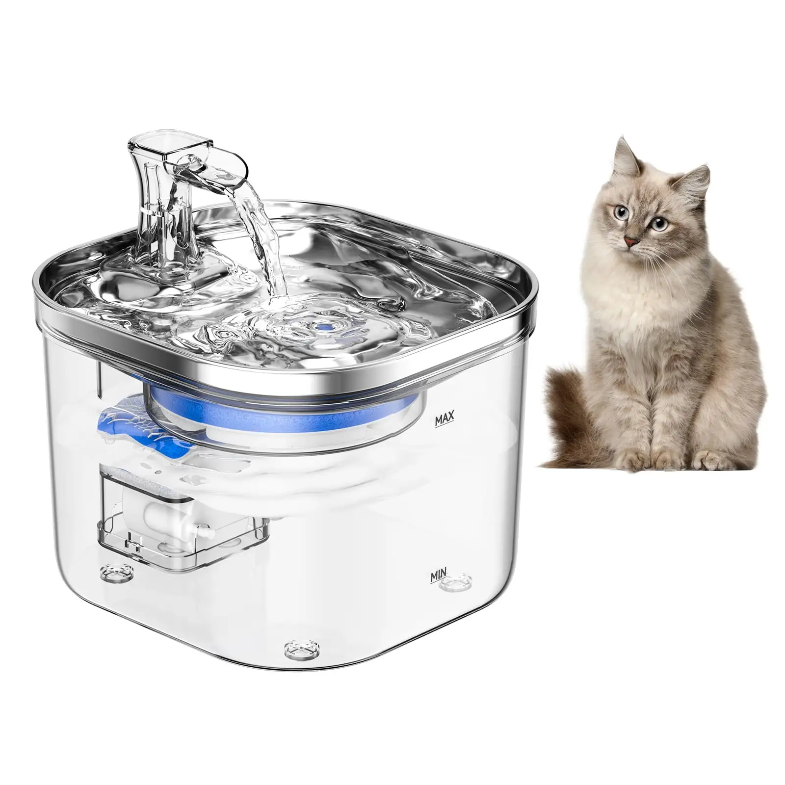 walmeck WF040 Cat Fountain 2L67oz Semi Stainless Steel Drinking Fountain Automatic Dispenser with Silent Pump for Cat Dog Other 5V